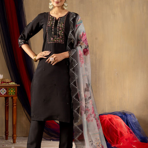 Pramukh Fab Black Color Roman Silk Kurta Set - Distacart