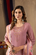 Thumbnail for Pramukh Fab Onion Pink Shimmer Gold Silk Color Kurta Set - Distacart