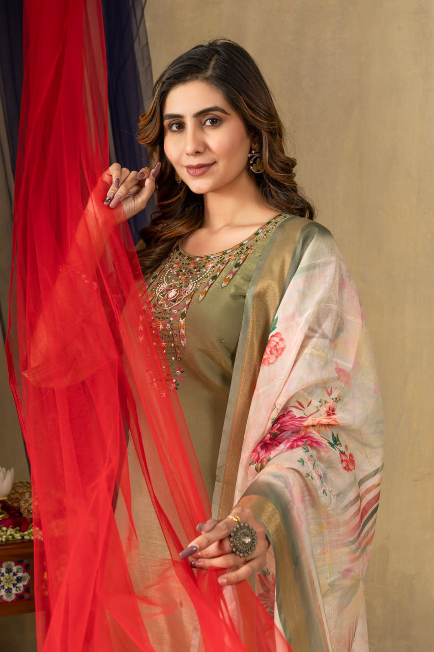 Pramukh Fab Mehendi Green Shimmer Gold Silk Color Kurta Set - Distacart