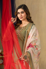 Thumbnail for Pramukh Fab Mehendi Green Shimmer Gold Silk Color Kurta Set - Distacart