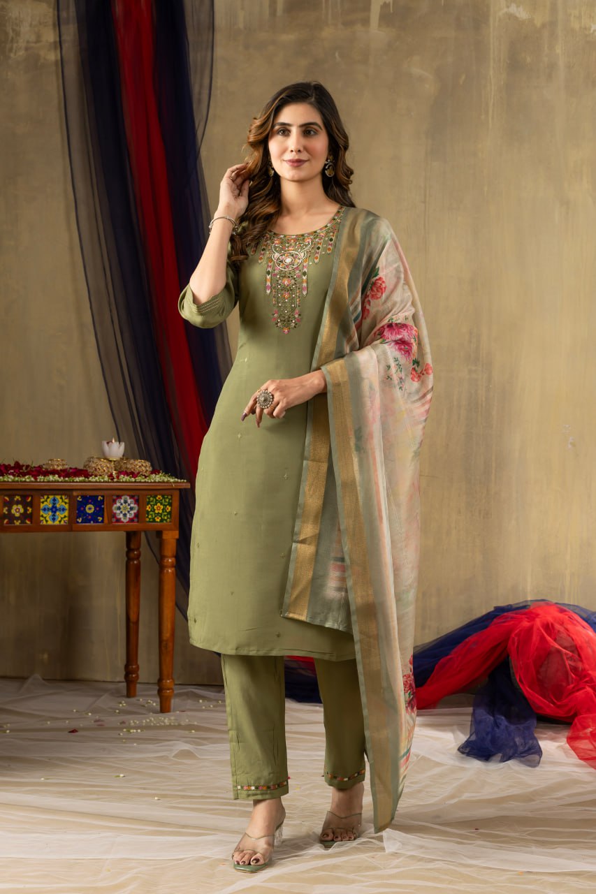 Pramukh Fab Mehendi Green Shimmer Gold Silk Color Kurta Set - Distacart