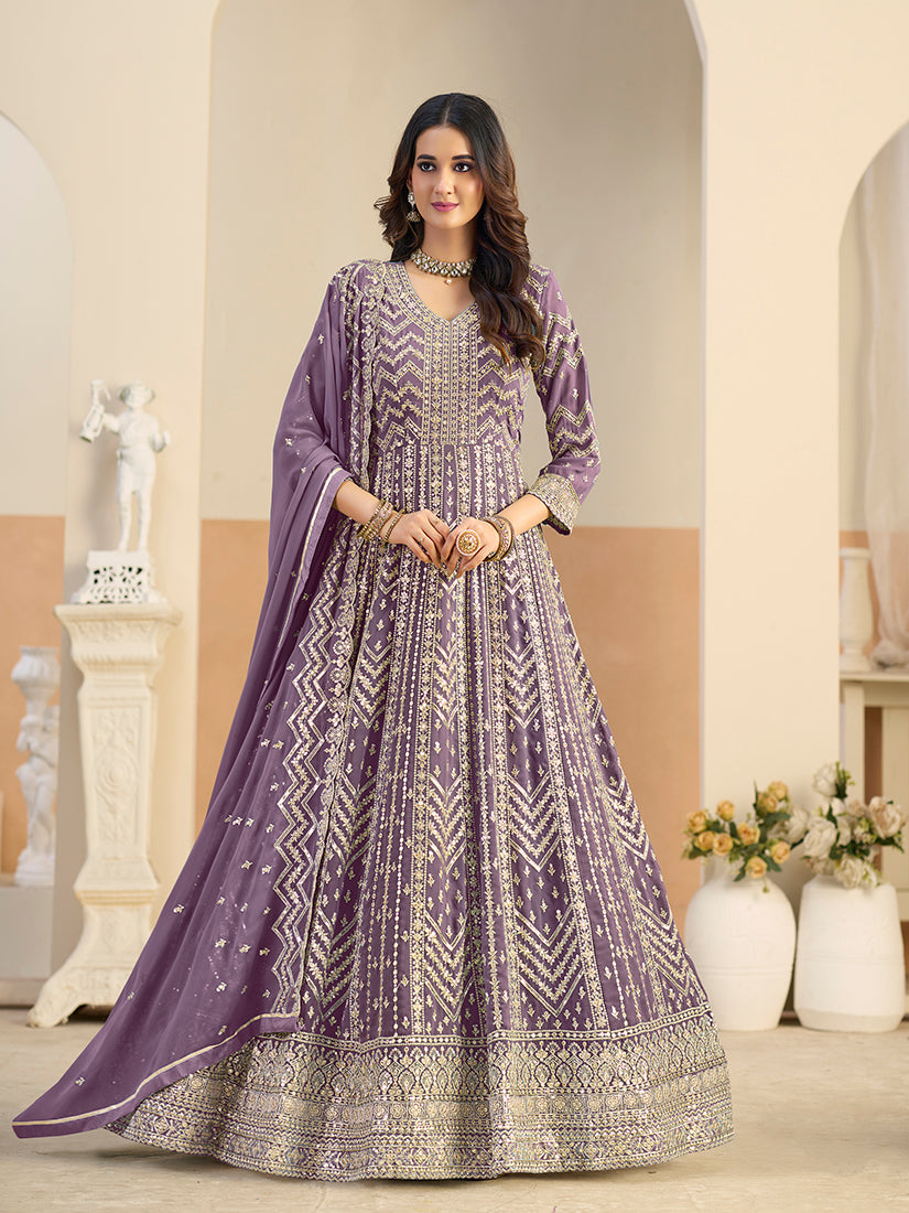 Monjolika Fashion Faux Georgette Lavender Embroidered Anarkali Salwar Kameez - Distacart
