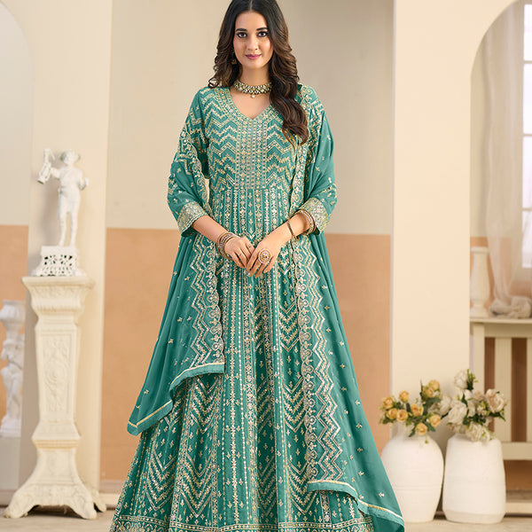 Monjolika Fashion Faux Georgette Turquoise Embroidered Anarkali Salwar Kameez - Distacart
