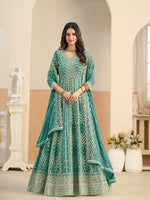Thumbnail for Monjolika Fashion Faux Georgette Turquoise Embroidered Anarkali Salwar Kameez - Distacart
