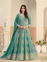 Thumbnail for Monjolika Fashion Faux Georgette Turquoise Embroidered Anarkali Salwar Kameez - Distacart