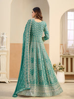 Thumbnail for Monjolika Fashion Faux Georgette Turquoise Embroidered Anarkali Salwar Kameez - Distacart