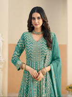 Thumbnail for Monjolika Fashion Faux Georgette Turquoise Embroidered Anarkali Salwar Kameez - Distacart