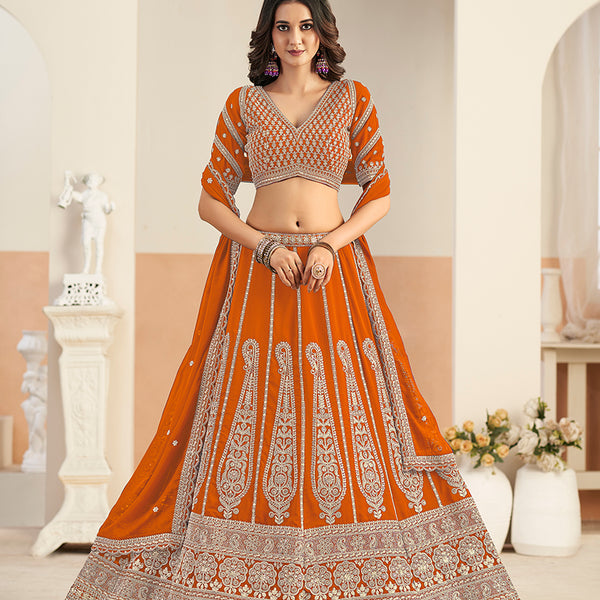 Monjolika Fashion Orange Faux Georgette Embroidered Lehenga Choli - Distacart