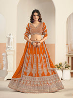 Thumbnail for Monjolika Fashion Orange Faux Georgette Embroidered Lehenga Choli - Distacart