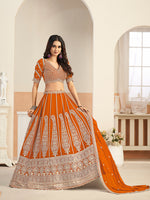 Thumbnail for Monjolika Fashion Orange Faux Georgette Embroidered Lehenga Choli - Distacart