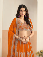 Thumbnail for Monjolika Fashion Orange Faux Georgette Embroidered Lehenga Choli - Distacart