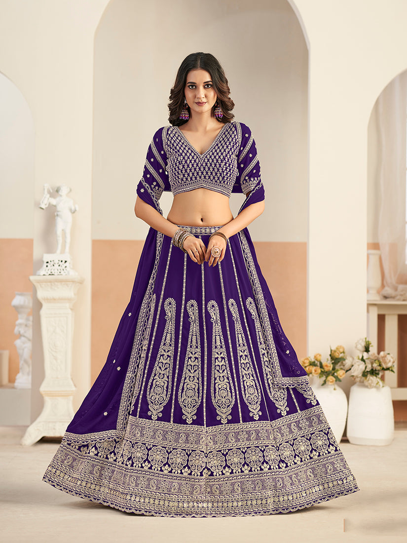 Monjolika Fashion Purple Faux Georgette Embroidered Lehenga Choli - Distacart