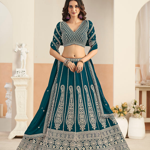 Monjolika Fashion Teal Blue Faux Georgette Embroidered Lehenga Choli - Distacart