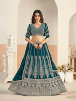 Thumbnail for Monjolika Fashion Teal Blue Faux Georgette Embroidered Lehenga Choli - Distacart