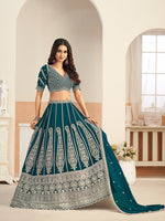 Thumbnail for Monjolika Fashion Teal Blue Faux Georgette Embroidered Lehenga Choli - Distacart