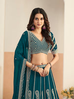 Thumbnail for Monjolika Fashion Teal Blue Faux Georgette Embroidered Lehenga Choli - Distacart