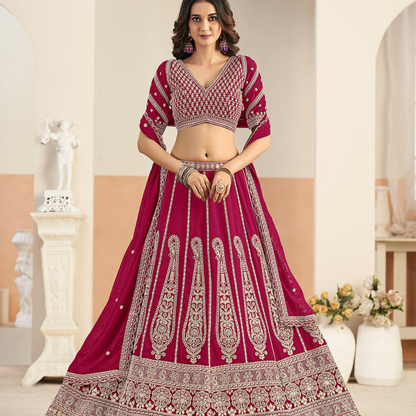 Monjolika Fashion Rani Pink Faux Georgette Embroidered Lehenga Choli - Distacart