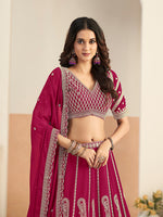 Thumbnail for Monjolika Fashion Rani Pink Faux Georgette Embroidered Lehenga Choli - Distacart