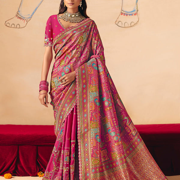 Monjolika Fashion Rani Pink Embroidered Silk Blend Saree - Distacart
