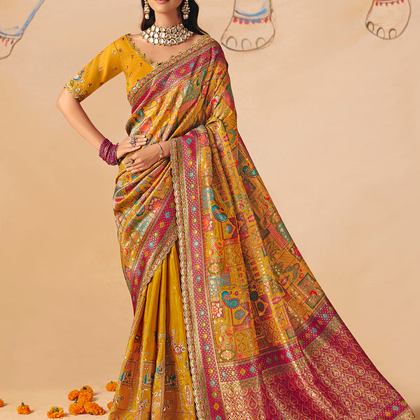 Monjolika Fashion Mustard Embroidered Silk Blend Saree - Distacart