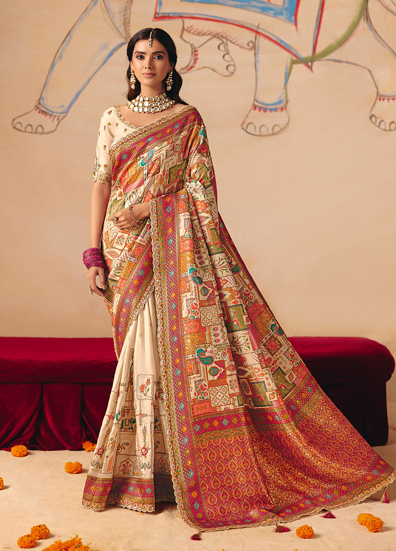 Monjolika Fashion Cream Embroidered Silk Blend Saree - Distacart