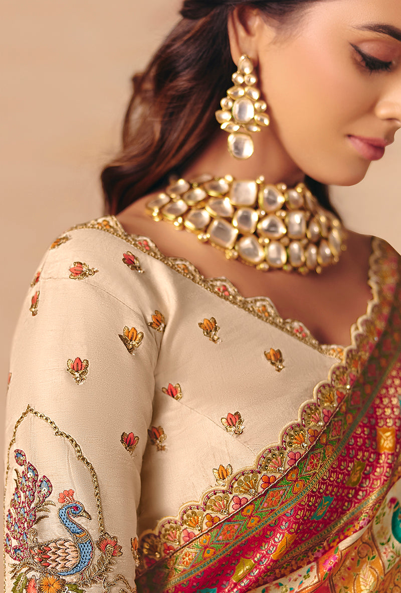 Monjolika Fashion Cream Embroidered Silk Blend Saree - Distacart