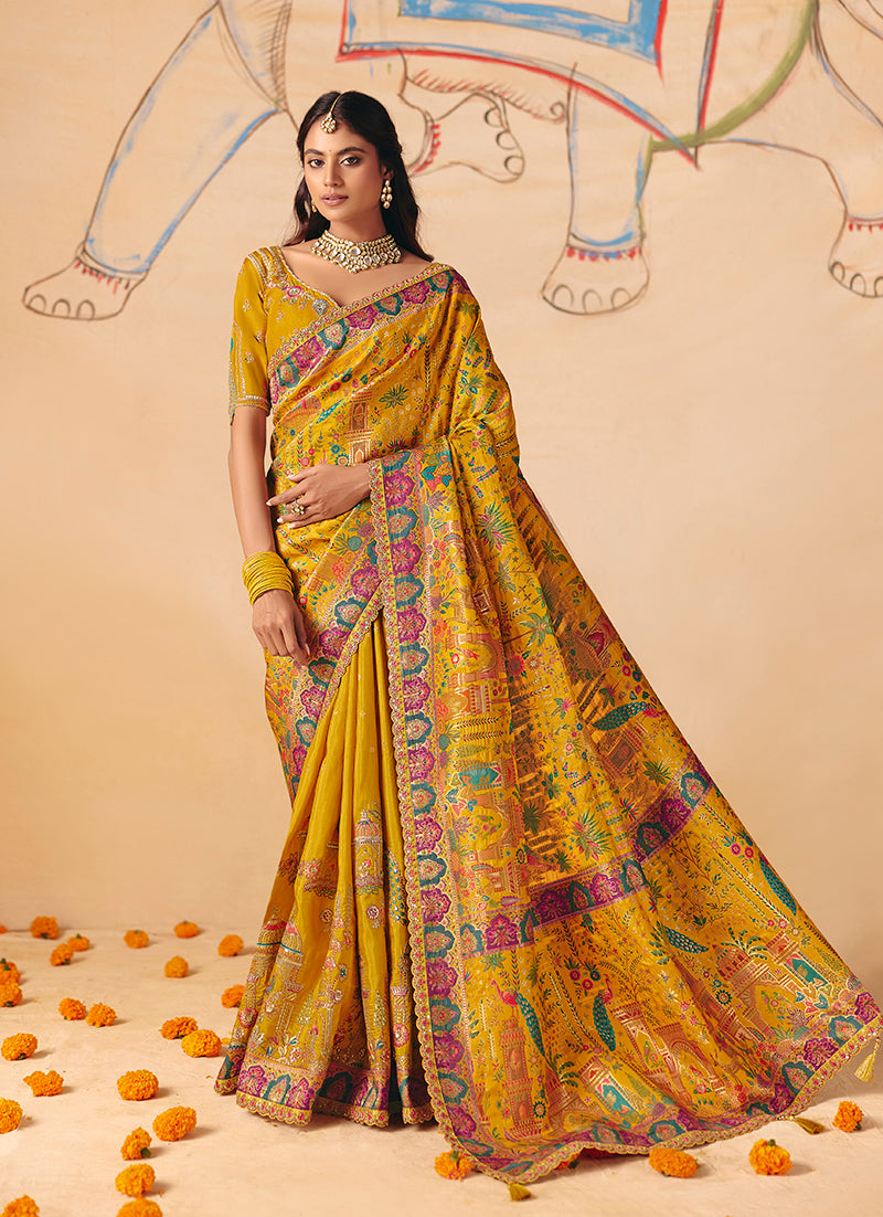 Monjolika Fashion Mustard Embroidered Silk Blend Saree - Distacart
