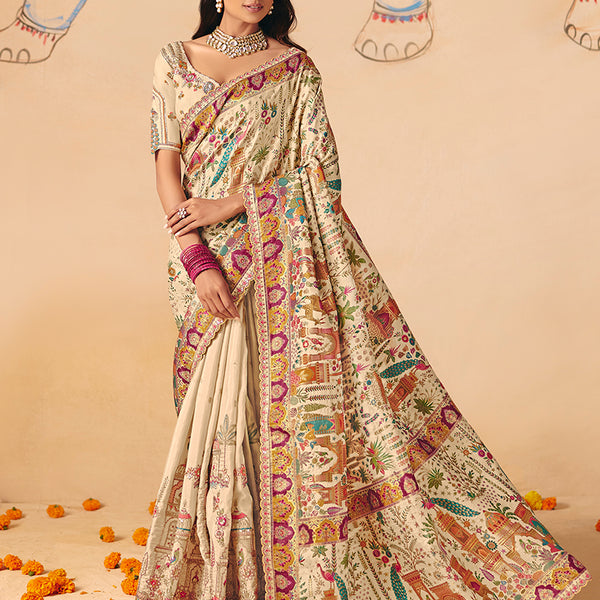 Monjolika Fashion Cream Embroidered Silk Blend Saree - Distacart