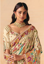 Thumbnail for Monjolika Fashion Cream Embroidered Silk Blend Saree - Distacart
