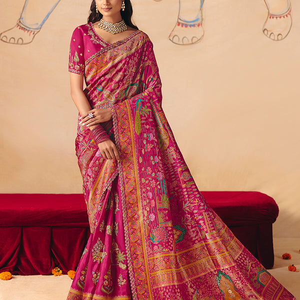 Monjolika Fashion Rani Pink Embroidered Silk Blend Saree - Distacart