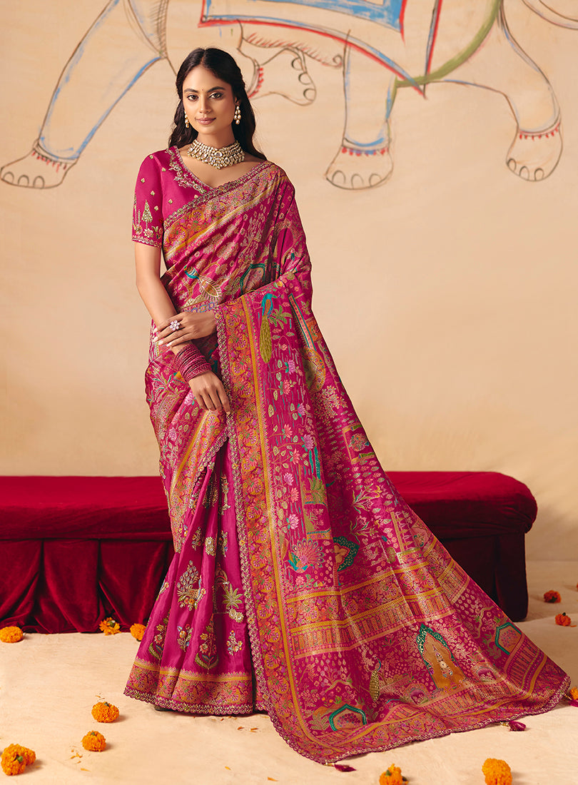 Monjolika Fashion Rani Pink Embroidered Silk Blend Saree - Distacart