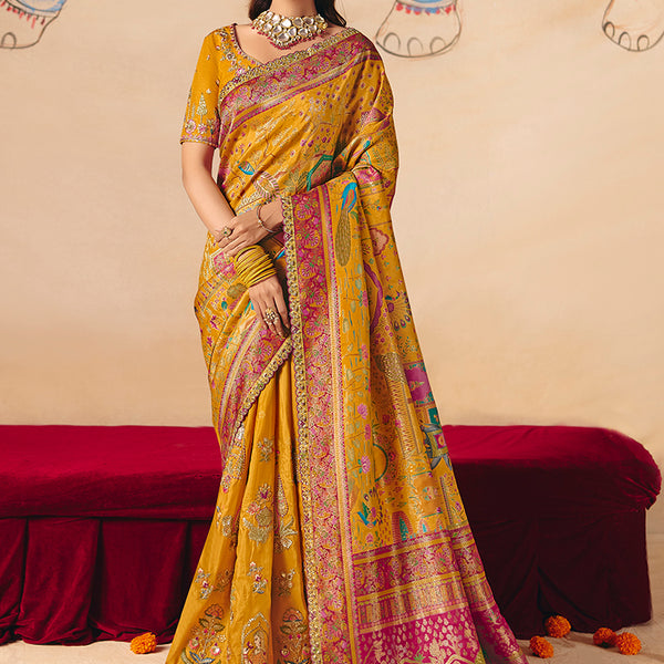 Monjolika Fashion Mustard Embroidered Silk Blend Saree - Distacart
