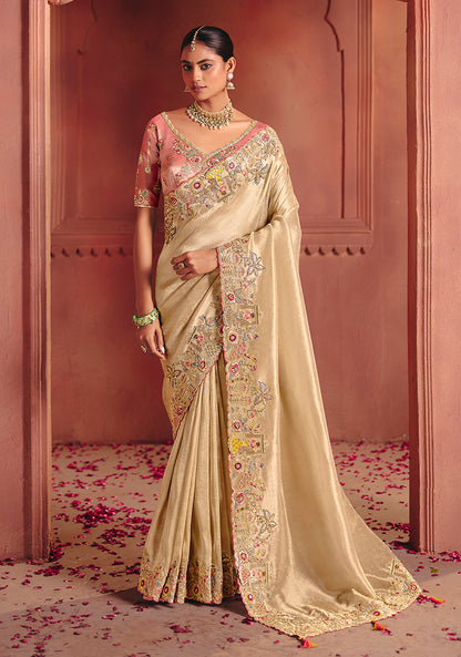 Monjolika Fashion Cream Silk Blend Embroidered Saree - Distacart