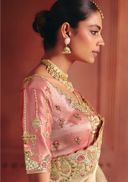 Monjolika Fashion Cream Silk Blend Embroidered Saree - Distacart