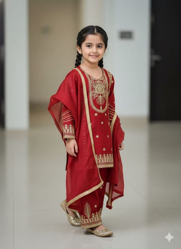 Evanik Red Embroidered Sequence Work Fendy Silk Kids Kurta Set - Dista