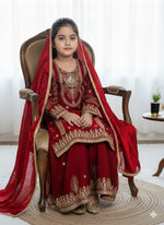 Thumbnail for Evanik Red Embroidered Sequence Work Fendy Silk Kids Kurta Set - Dista