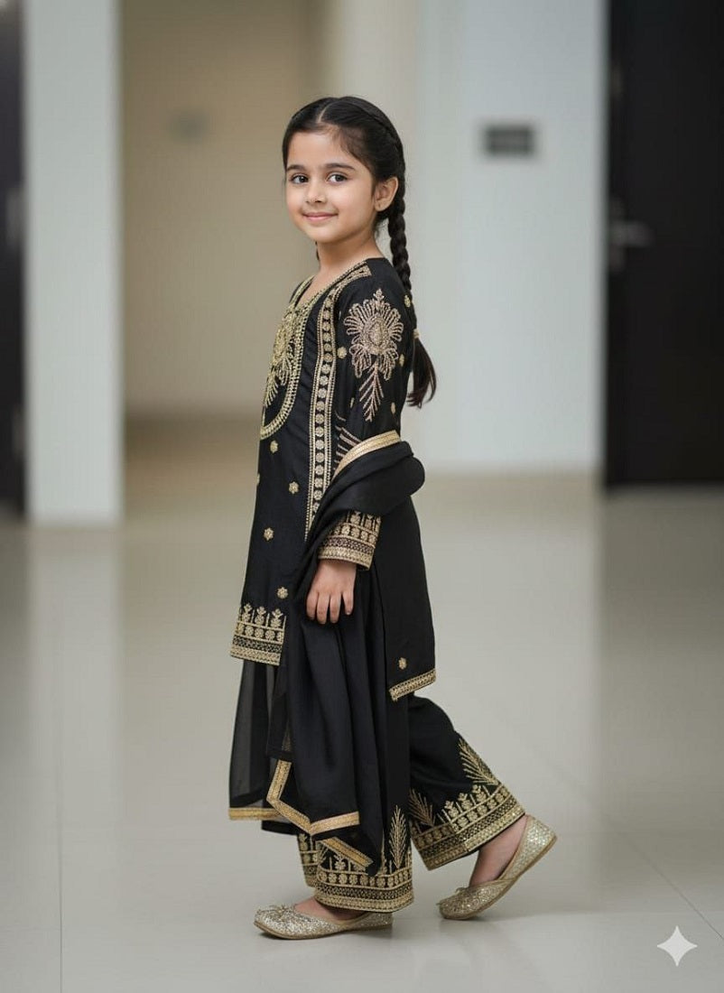 Evanik Black Embroidered Sequence Work Fendy Silk Kids Kurta Set - Dista