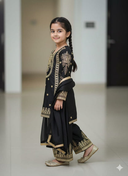 Evanik Black Embroidered Sequence Work Fendy Silk Kids Kurta Set - Dista