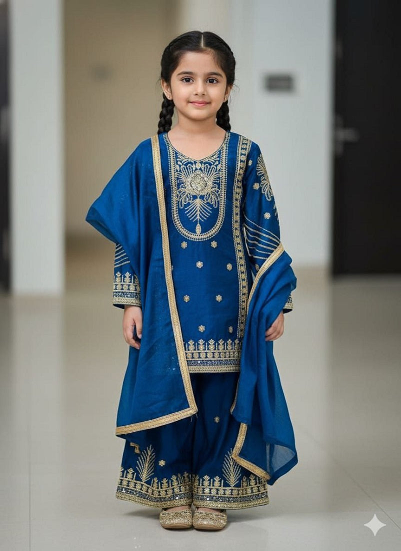 Evanik Blue Embroidered Sequence Work Fendy Silk Kids Kurta Set - Dista