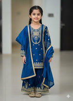 Thumbnail for Evanik Blue Embroidered Sequence Work Fendy Silk Kids Kurta Set - Dista