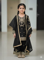 Thumbnail for Evanik Black Embroidered Sequence Work Fendy Silk Kids Kurta Set - Dista
