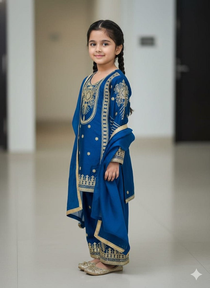 Evanik Blue Embroidered Sequence Work Fendy Silk Kids Kurta Set - Dista