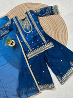 Thumbnail for Evanik Blue Embroidered Sequence Work Fendy Silk Kids Kurta Set - Dista