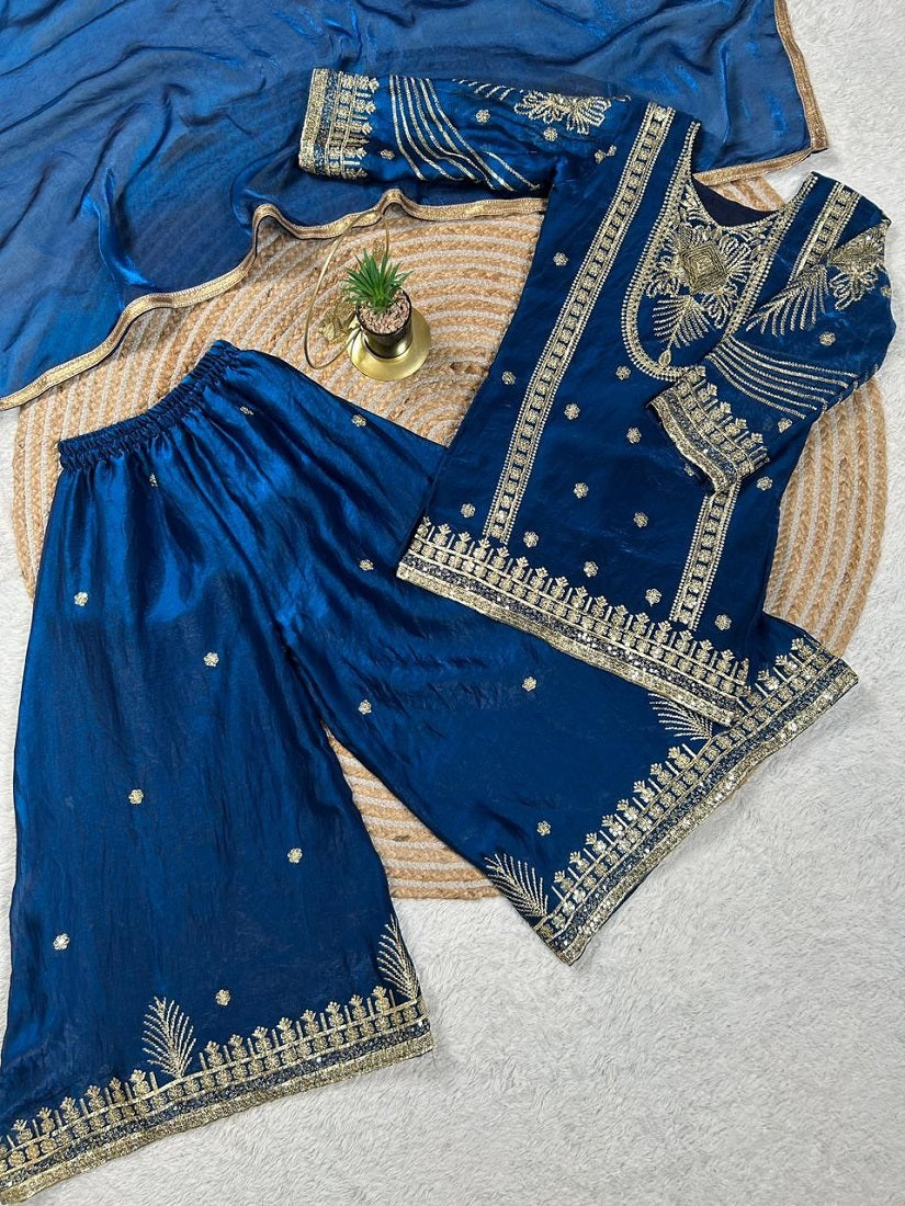 Evanik Blue Embroidered Sequence Work Fendy Silk Kids Kurta Set - Dista