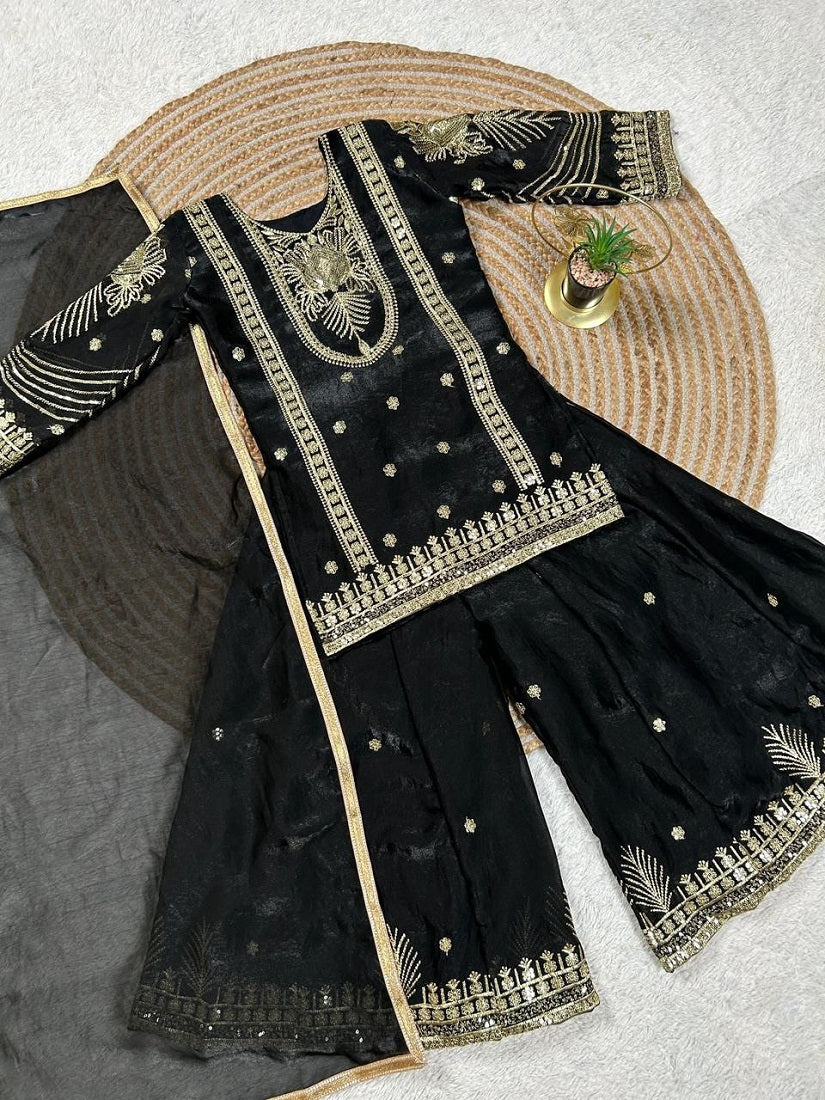 Evanik Black Embroidered Sequence Work Fendy Silk Kids Kurta Set - Dista