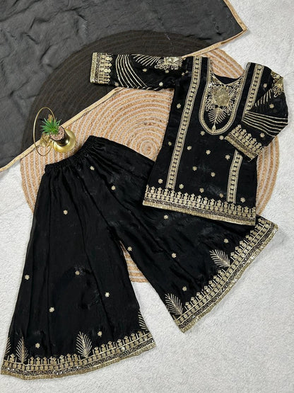 Evanik Black Embroidered Sequence Work Fendy Silk Kids Kurta Set - Dista