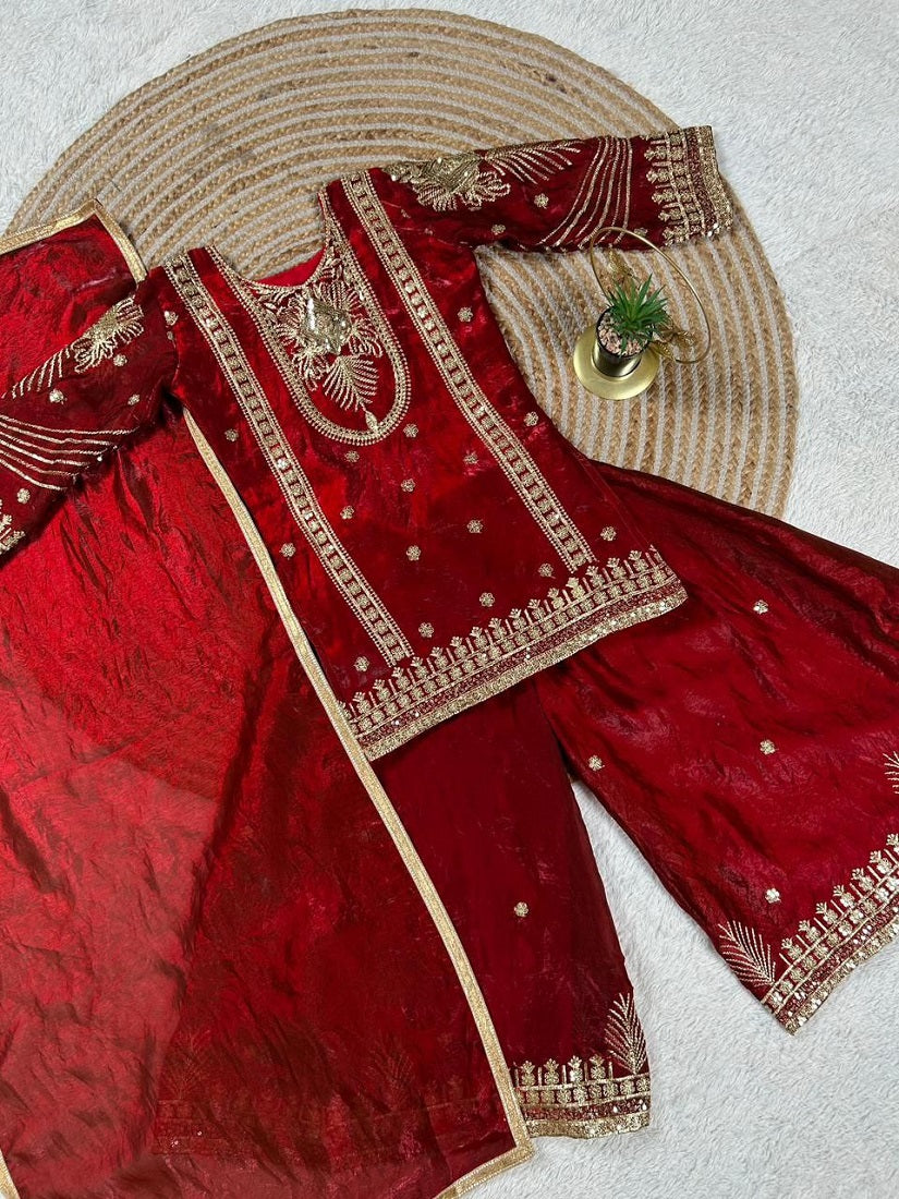 Evanik Red Embroidered Sequence Work Fendy Silk Kids Kurta Set - Dista