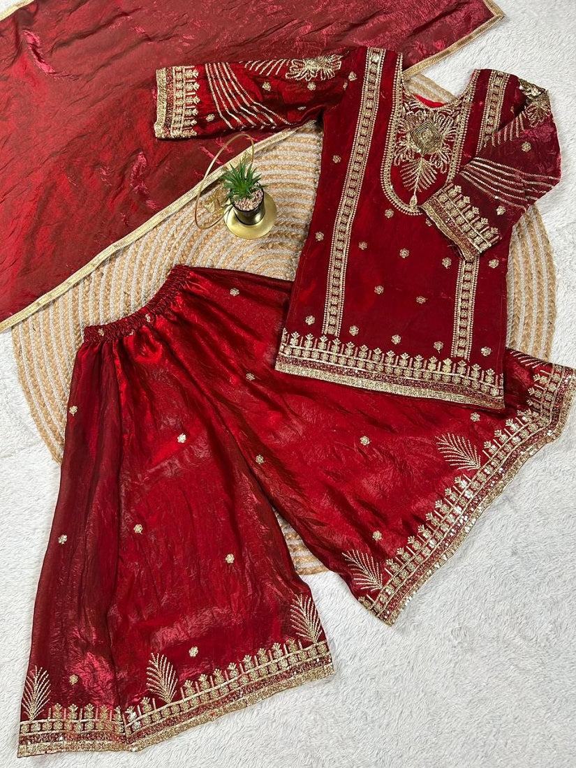Evanik Red Embroidered Sequence Work Fendy Silk Kids Kurta Set - Dista