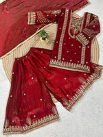 Thumbnail for Evanik Red Embroidered Sequence Work Fendy Silk Kids Kurta Set - Dista