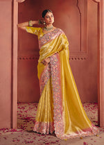 Thumbnail for Monjolika Fashion Yellow Silk Blend Embroidered Saree - Distacart